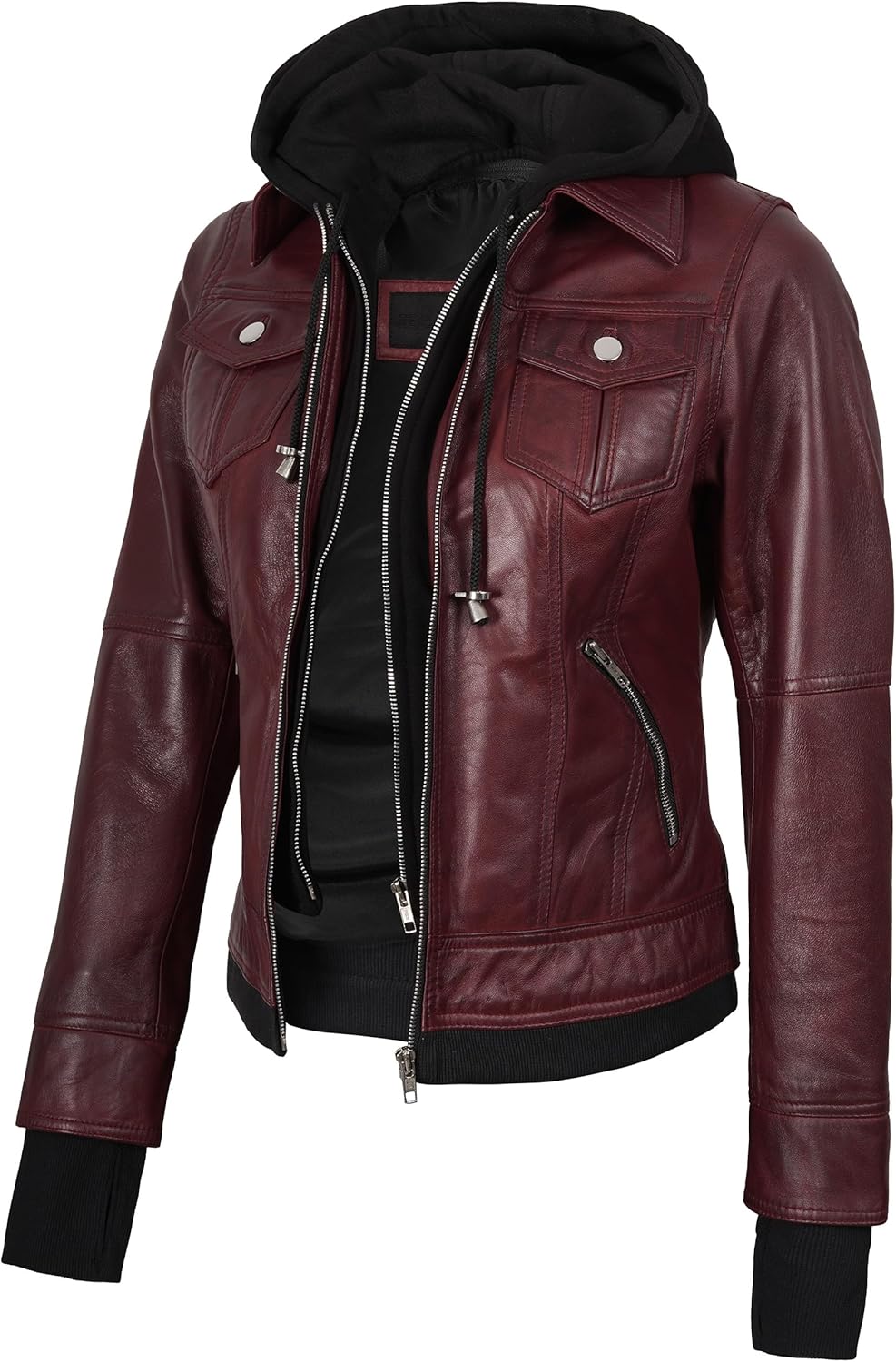 Blingsoul Leather Bomber Jacket Women - Real Lambskin Womens Leather Jackets with Removable Hood - Image 12