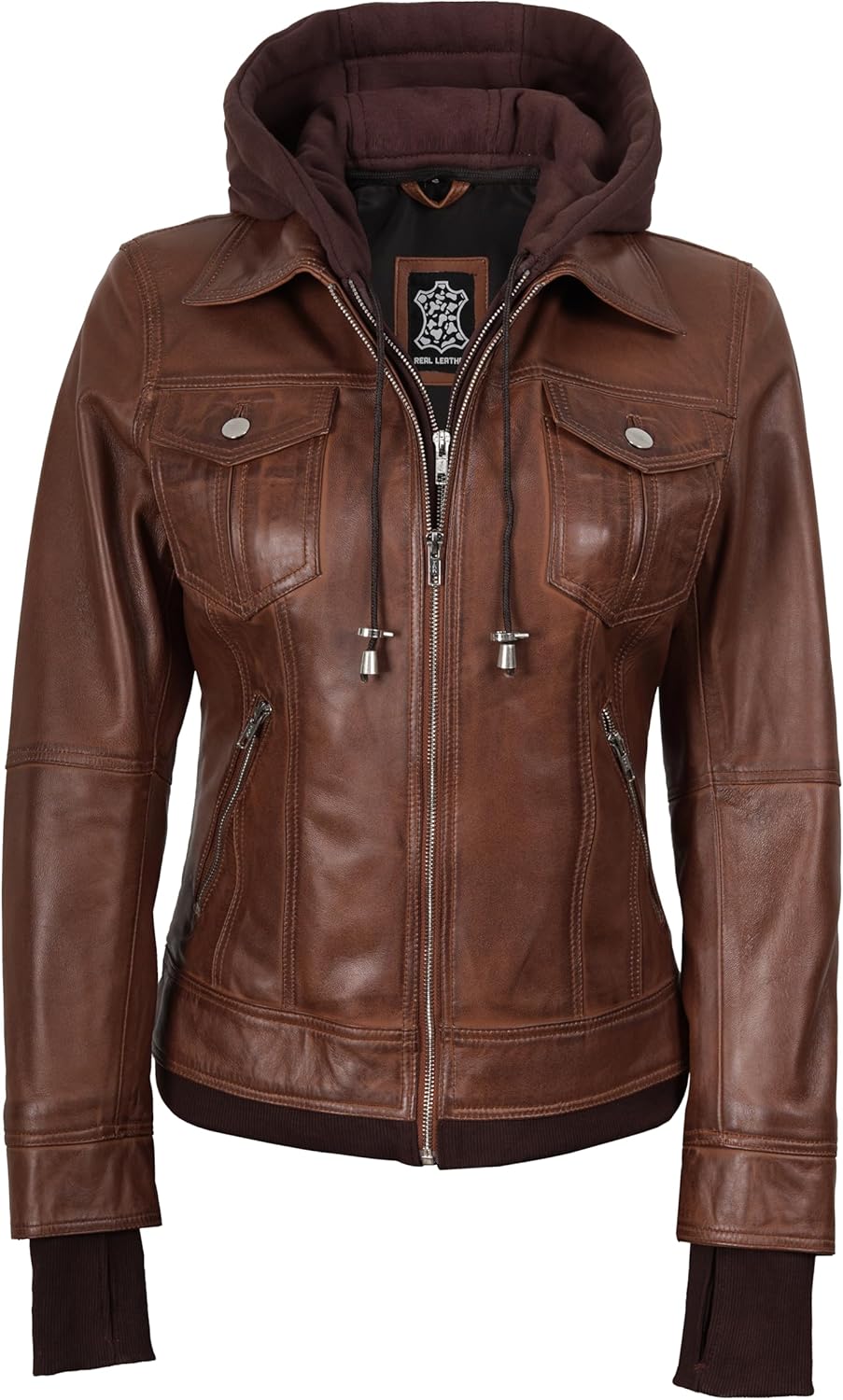 Blingsoul Leather Bomber Jacket Women - Real Lambskin Womens Leather Jackets with Removable Hood - Image 4