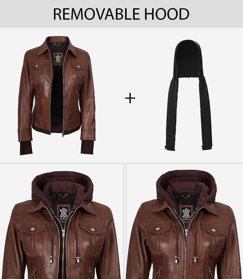 Blingsoul Leather Bomber Jacket Women - Real Lambskin Womens Leather Jackets with Removable Hood - Image 3