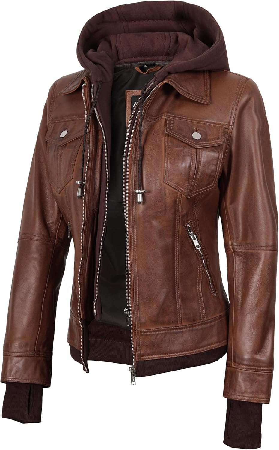 Blingsoul Leather Bomber Jacket Women - Real Lambskin Womens Leather Jackets with Removable Hood