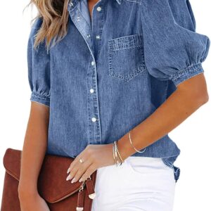 CHARTOU Women's Casual Washed Distressed Puff Sleeve Denim Snap Button Shirt Jean Jacket Coat
