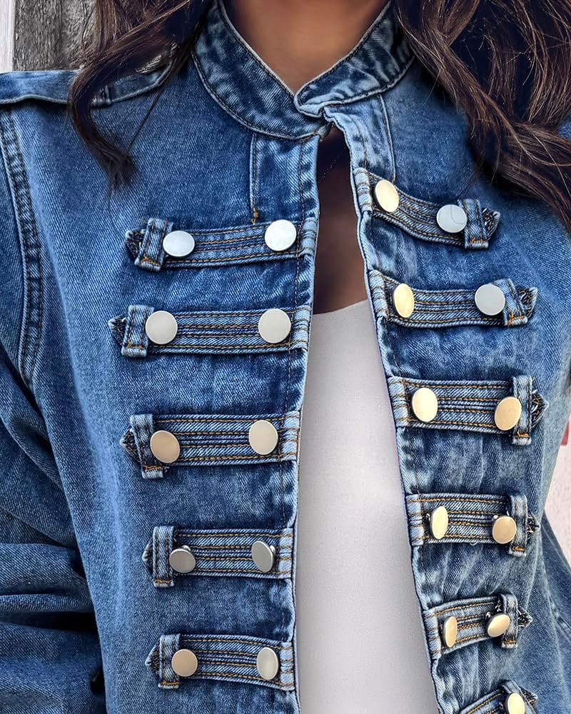 CHICME Denim Jacket for Women 2025 Button Up Stand Collar Jeans Jacket Casual Long Sleeve Lightweight Fall Coat - Image 7