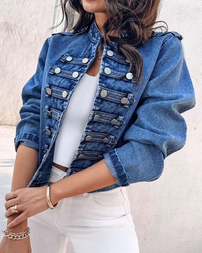 CHICME Denim Jacket for Women 2025 Button Up Stand Collar Jeans Jacket Casual Long Sleeve Lightweight Fall Coat - Image 3