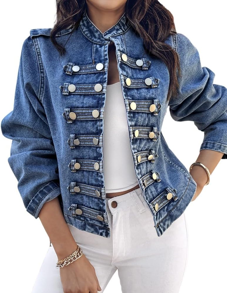 CHICME Denim Jacket for Women 2025 Button Up Stand Collar Jeans Jacket Casual Long Sleeve Lightweight Fall Coat
