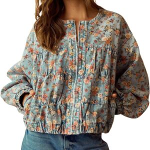 chouyatou Women's 2025 Fall Boyfriend Floral Denim Jacket Spring Y2K Casual Oversized Jean Bomber Jacket