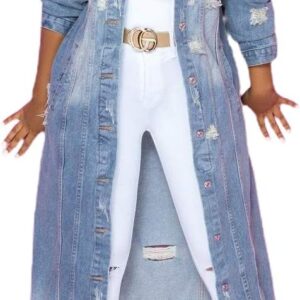chouyatou Women's Spring Fashion Ripped Holes Maxi Long Denim Jacket Trench Coat