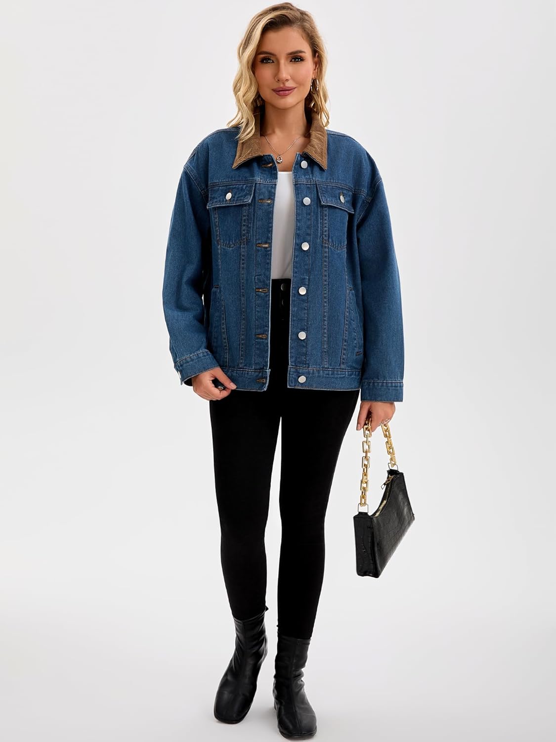 CIMUK Women's Jean Jacket Button Down Corduroy Collar Long Sleeve Western Shacket Denim Jackets - Image 3