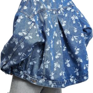 D-Sun Women Casual Printed Denim Jacket Oversized Button Down Long Sleeve Boyfriend Vintage Jean Jacket Coat with Pockets