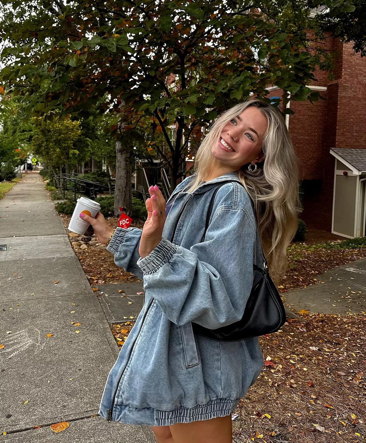 Deslimale Women's Oversized Fit Hooded Vintage Washed Denim Bomber Jacket with Front Zip Closure - Image 3