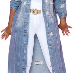 ebossy Women's Ripped Out Distressed Washed Long Blue Denim Jacket Trench Coat