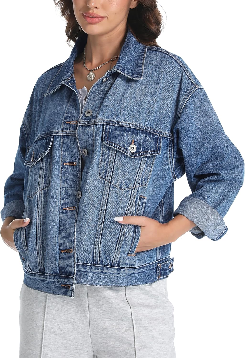 EG CHRIS G Women's Denim Jacket Loose Relaxed Fit with Pocket Trucker Jean Jacket Coats