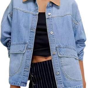 EVALESS Jean Jacket Women Trendy Color Block Denim Jacket Oversized Long Sleeve Button Down Barn Jackets Shacket Coat
