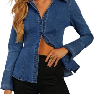 EZAPINE Denim Shirt Tops for Women Button Down Slim Fitted Long Sleeve V Neck Lightweight Jean Jackets