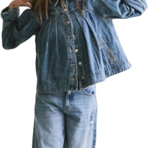 EZAPINE Womens Cropped Denim Jacket Long Sleeve Collared Button Down Pleated Jean Jckets with Pockets