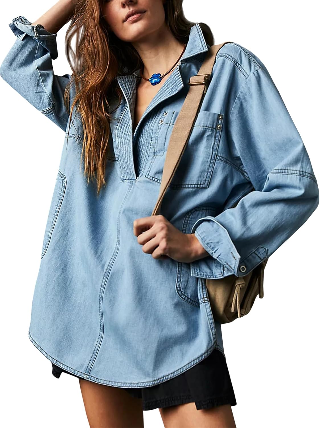 Fazortev Women's Denim Pullover Casual Button V Neck Blouse Loose Fit Long Sleeve Jean Jacket With Pocket - Image 7