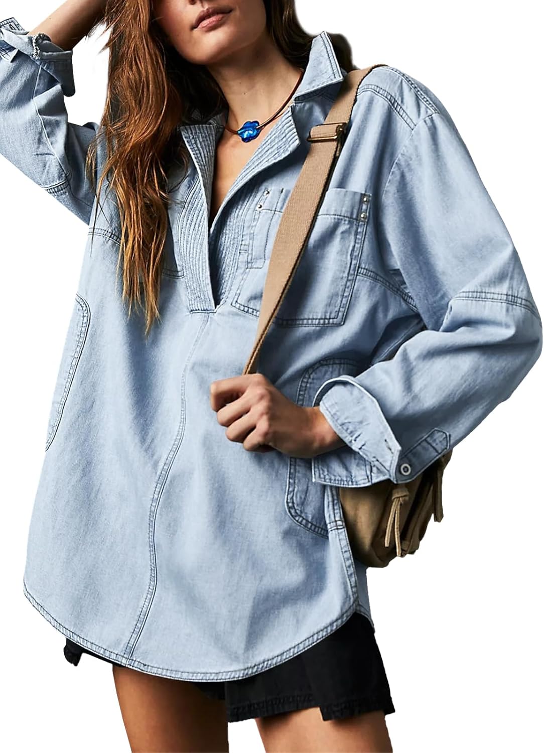 Fazortev Women's Denim Pullover Casual Button V Neck Blouse Loose Fit Long Sleeve Jean Jacket With Pocket - Image 5