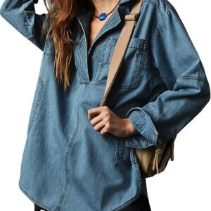 Fazortev Women's Denim Pullover Casual Button V Neck Blouse Loose Fit Long Sleeve Jean Jacket With Pocket