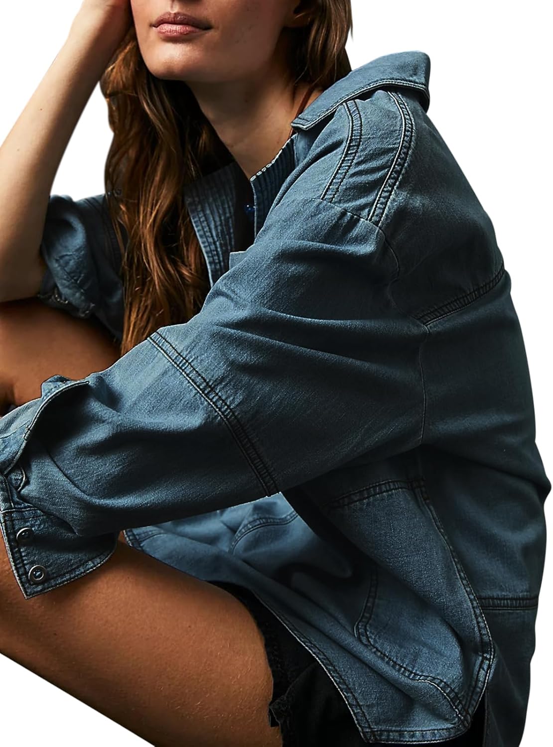 Fazortev Women's Denim Pullover Casual Button V Neck Blouse Loose Fit Long Sleeve Jean Jacket With Pocket - Image 3