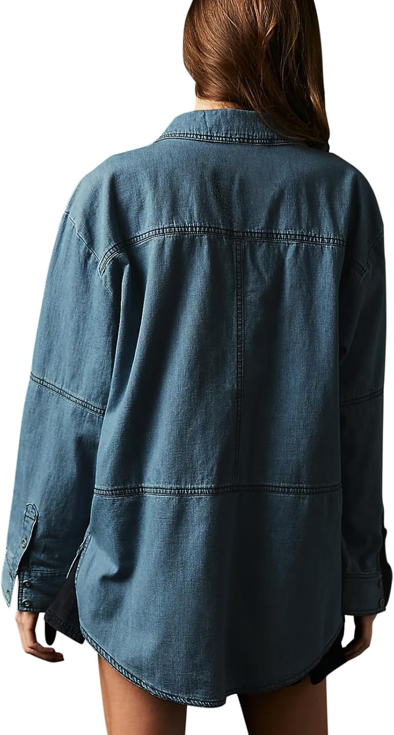 Fazortev Women's Denim Pullover Casual Button V Neck Blouse Loose Fit Long Sleeve Jean Jacket With Pocket - Image 2