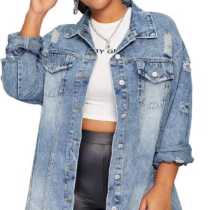 Floerns Women's Plus Size Ripped Distressed Long Sleeve Denim Jacket