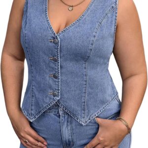 Floerns Women's Plus Size Sleeveless Vest Denim Jacket Button Front V Neck Waistcoat