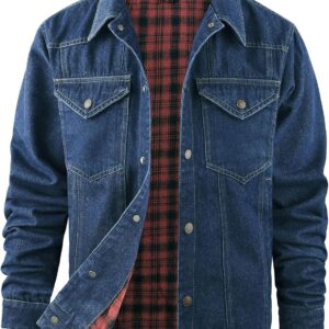 Flygo Mens Flannel Lined Denim Jacket Snap Cowboy Cut Western Classic Slim Fit Vintage Heavy Duty Jacket Trucker Coat(NavyBlue-XL)