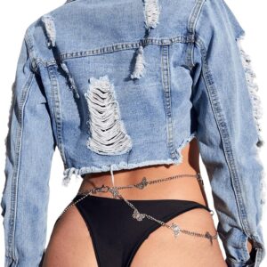 GORGLITTER Women's Ripped Raw Hem Cropped Denim Jacket Long Sleeve Distressed Frayed Jean Jackets