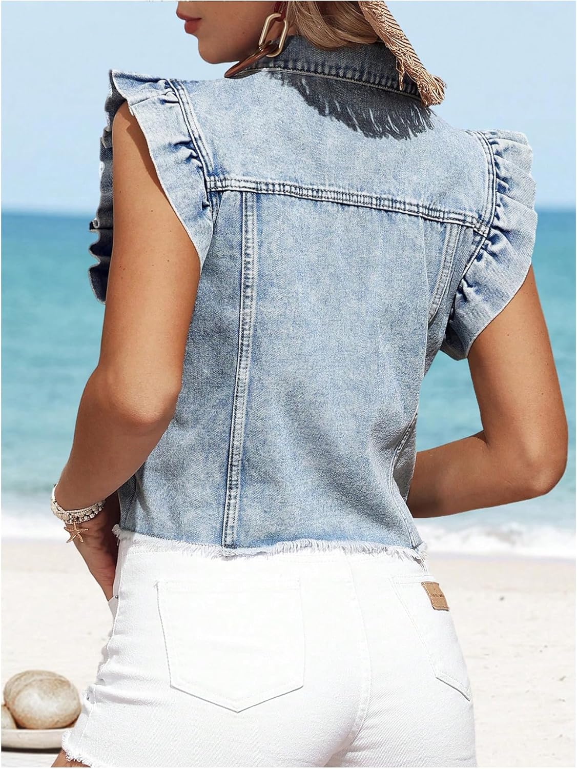 GORGLITTER Women's Ruffle Denim Jacket Sleeveless Button Down Jean Vest - Image 2