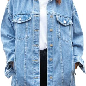 Gozoloma Women's Casual Loose Oversized Denim Jacket Long Sleeved Button Jean Jacket Coat Tops