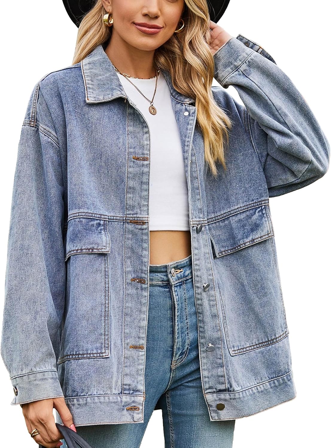 HangNiFang Aztec Denim Jacket Shacket for Women Button Down Vintage Distressed Blue Jean Jacket - Image 10