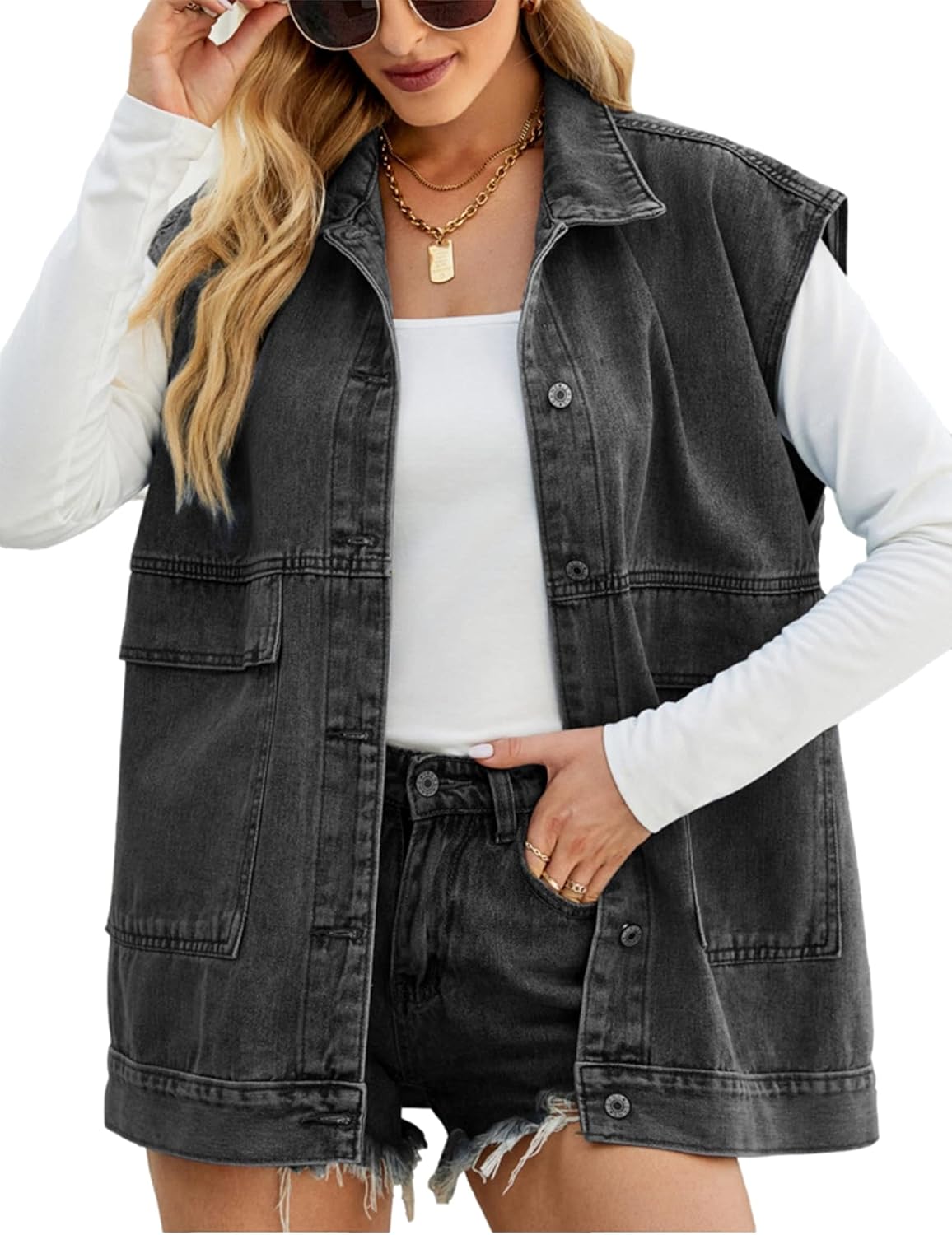 HangNiFang Aztec Denim Jacket Shacket for Women Button Down Vintage Distressed Blue Jean Jacket - Image 12