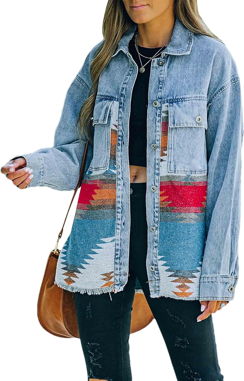 HangNiFang Aztec Denim Jacket Shacket for Women Button Down Vintage Distressed Blue Jean Jacket - Image 11