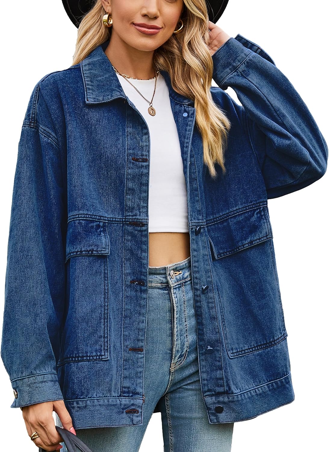 HangNiFang Aztec Denim Jacket Shacket for Women Button Down Vintage Distressed Blue Jean Jacket