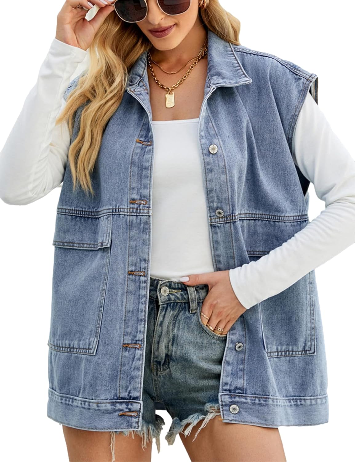 HangNiFang Aztec Denim Jacket Shacket for Women Button Down Vintage Distressed Blue Jean Jacket - Image 8
