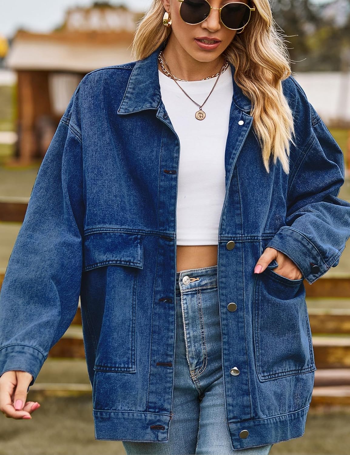 HangNiFang Aztec Denim Jacket Shacket for Women Button Down Vintage Distressed Blue Jean Jacket - Image 3