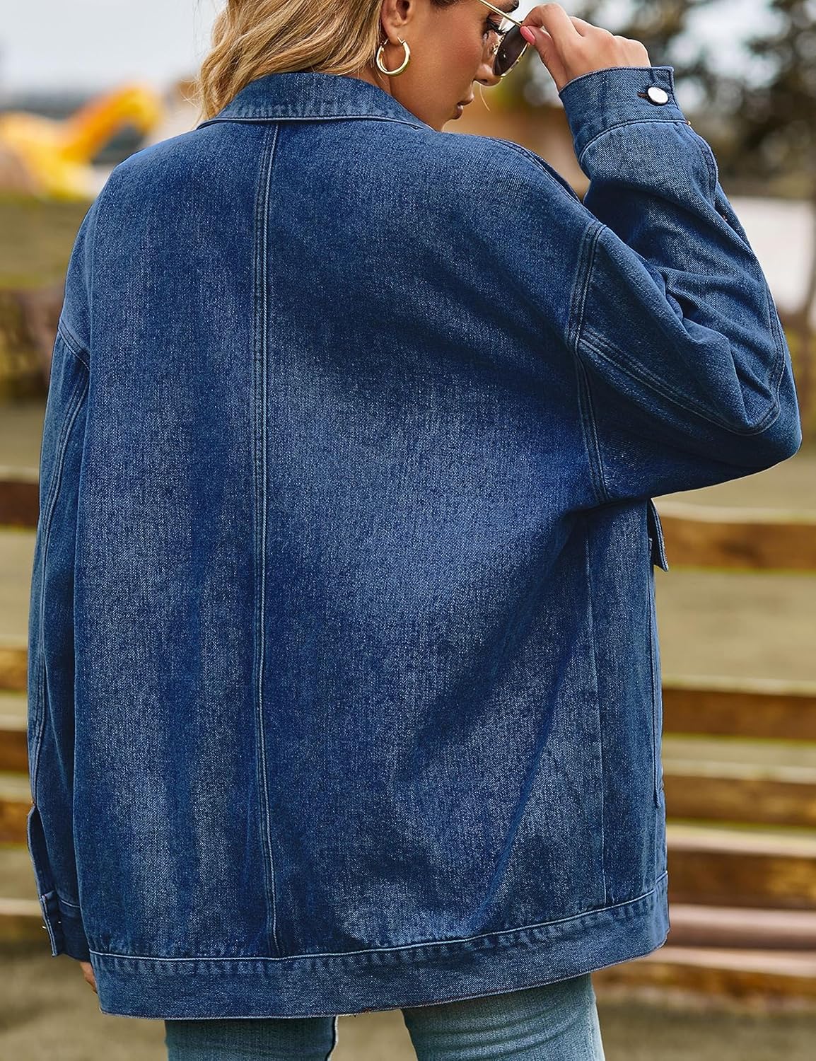 HangNiFang Aztec Denim Jacket Shacket for Women Button Down Vintage Distressed Blue Jean Jacket - Image 6