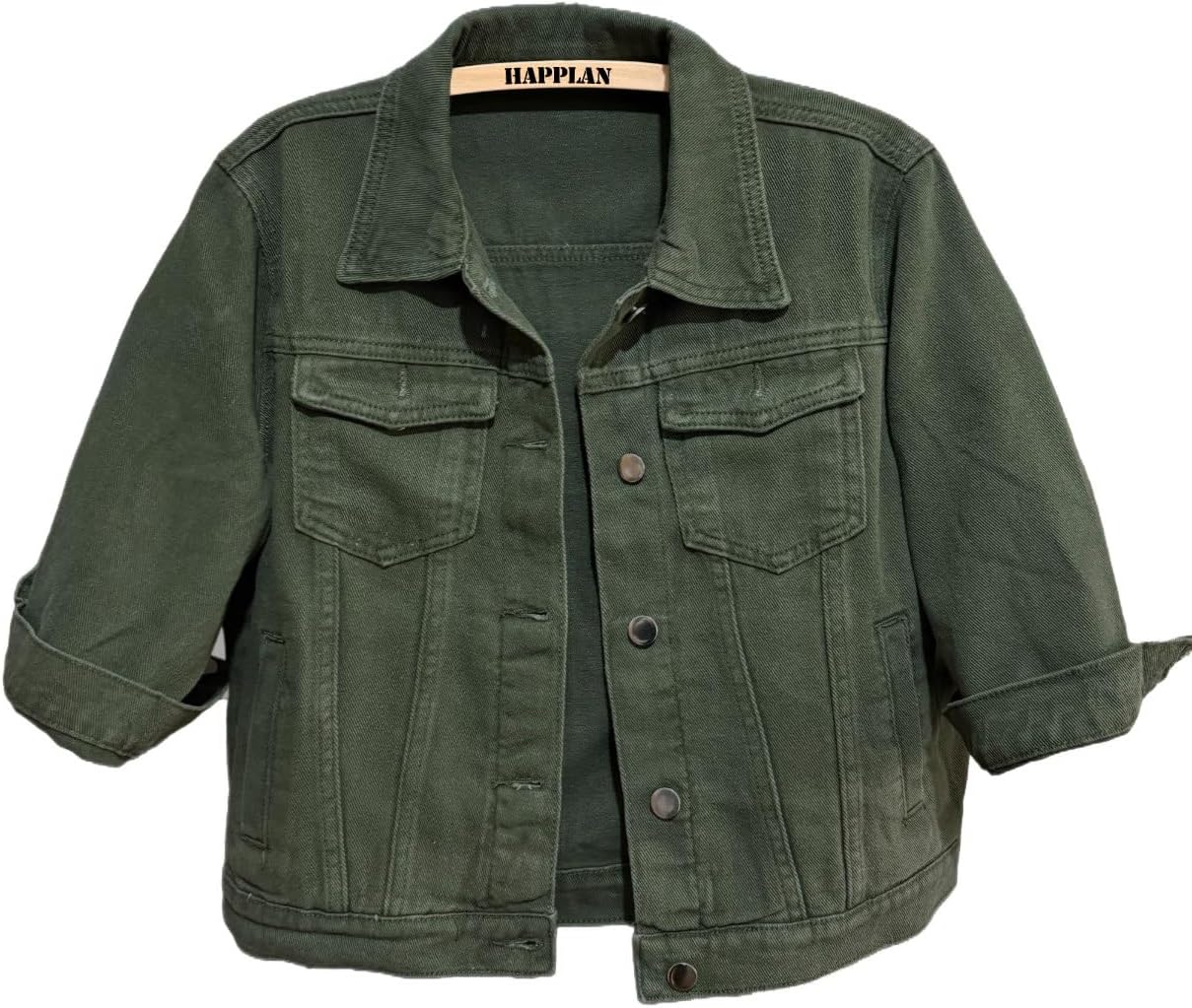 happlan Women's 3\/4 Sleeve Short Denim Jacket Lapel Button Down Cropped Trucker Jean Jackets Coats - Image 14