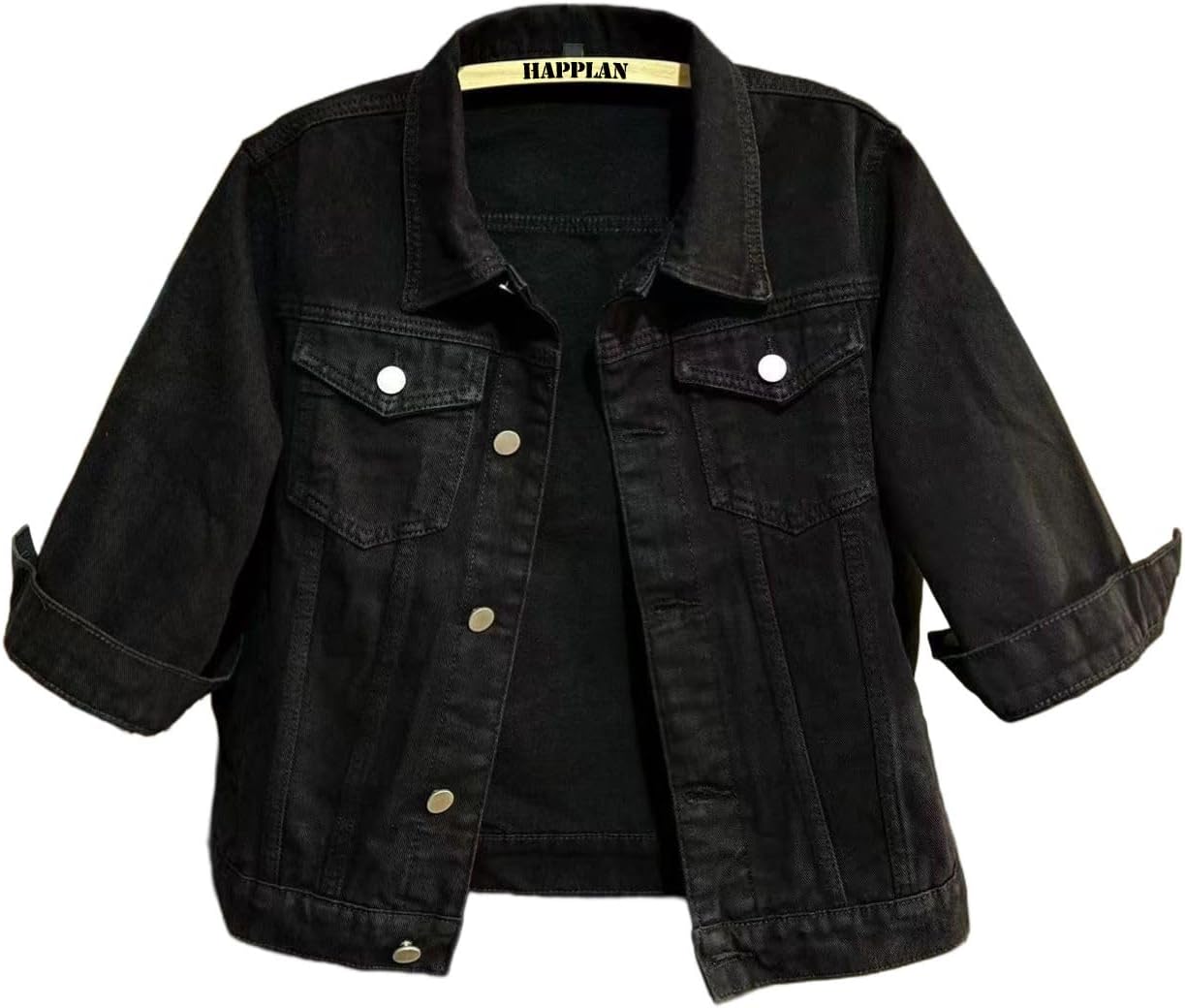 happlan Women's 3\/4 Sleeve Short Denim Jacket Lapel Button Down Cropped Trucker Jean Jackets Coats - Image 15