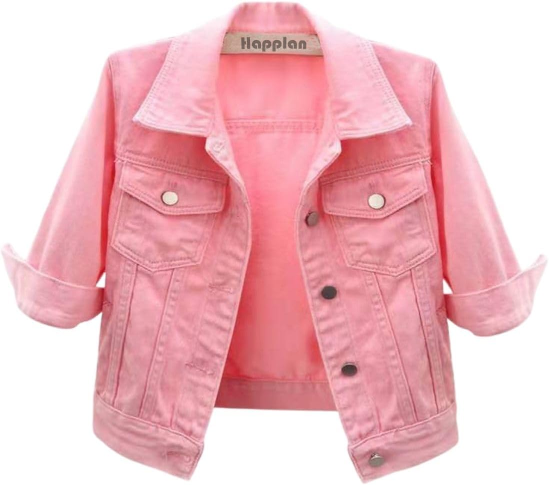 happlan Women's 3\/4 Sleeve Short Denim Jacket Lapel Button Down Cropped Trucker Jean Jackets Coats - Image 12