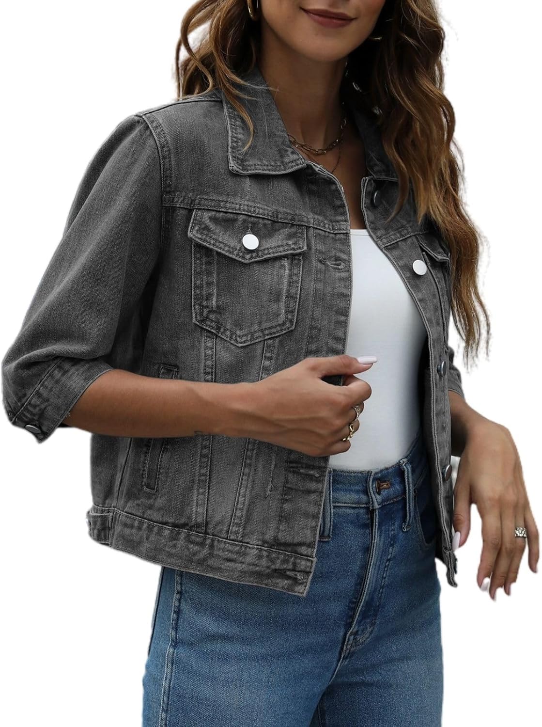 happlan Women's 3\/4 Sleeve Short Denim Jacket Lapel Button Down Cropped Trucker Jean Jackets Coats - Image 11