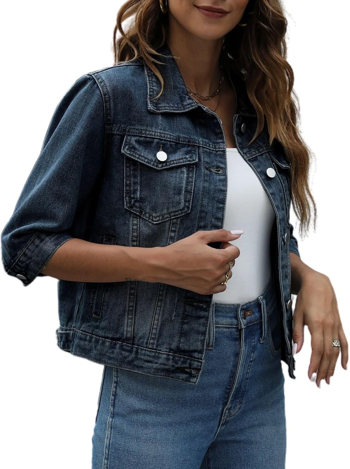 happlan Women's 3\/4 Sleeve Short Denim Jacket Lapel Button Down Cropped Trucker Jean Jackets Coats - Image 10