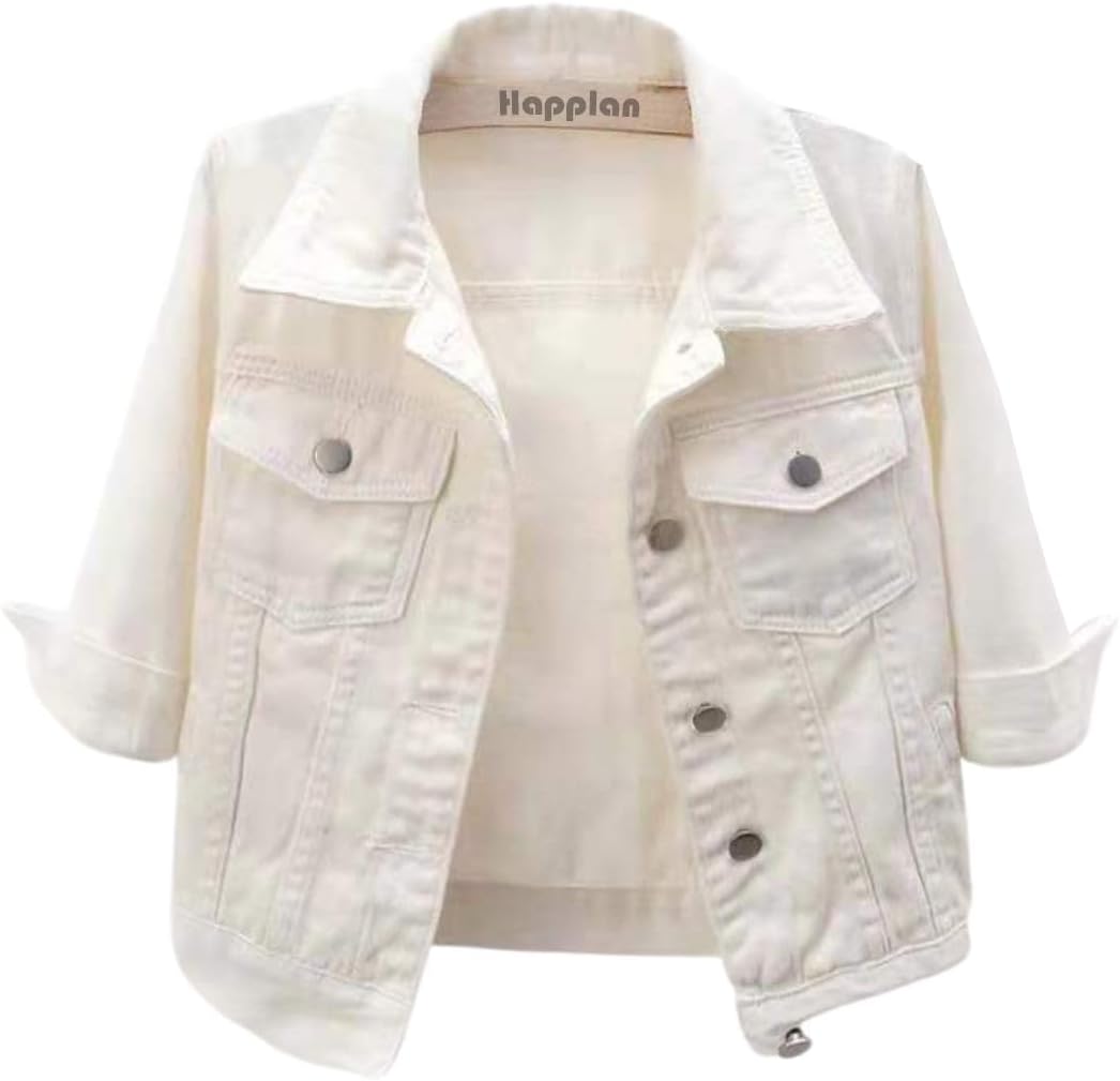 happlan Women's 3\/4 Sleeve Short Denim Jacket Lapel Button Down Cropped Trucker Jean Jackets Coats - Image 8