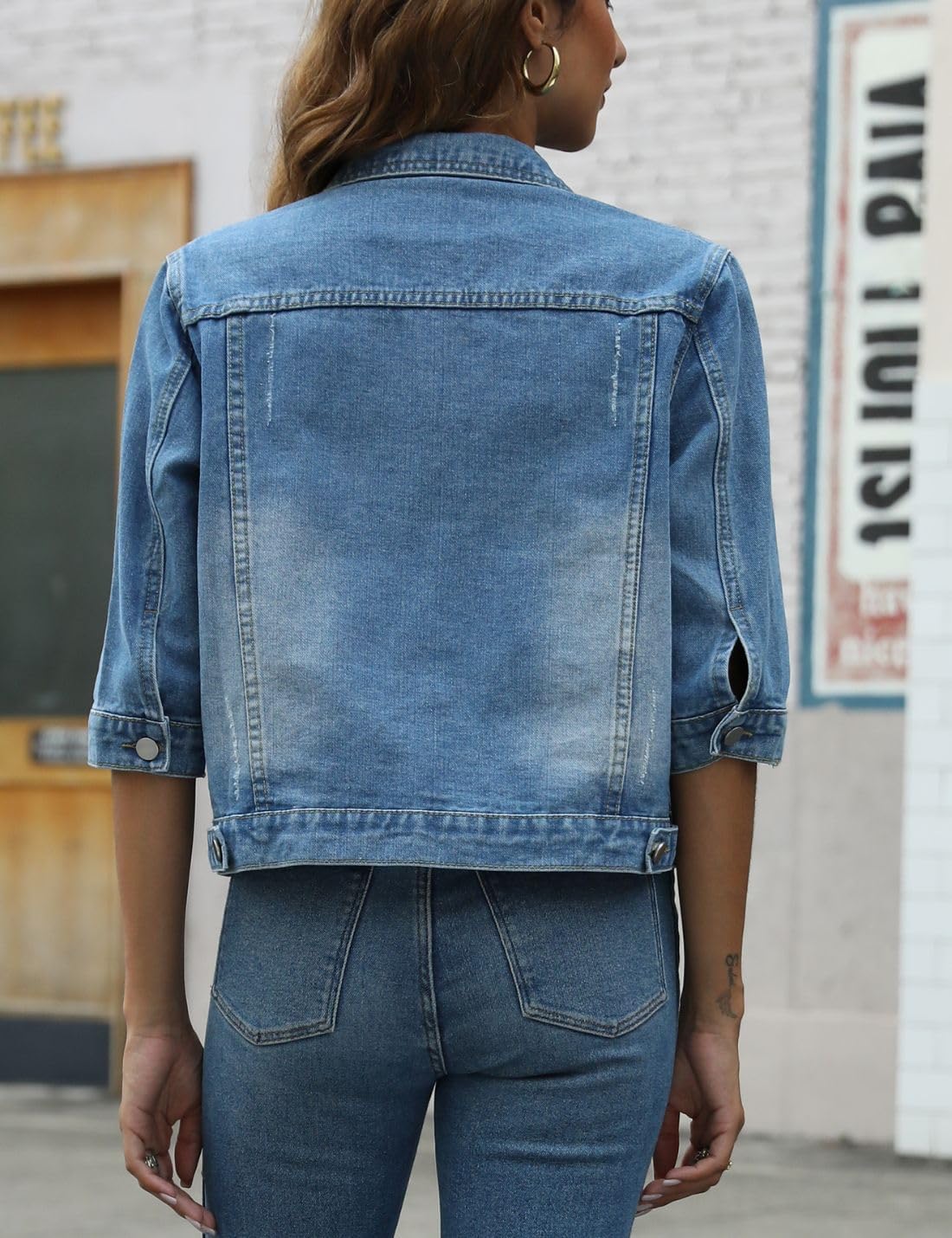 happlan Women's 3\/4 Sleeve Short Denim Jacket Lapel Button Down Cropped Trucker Jean Jackets Coats - Image 5