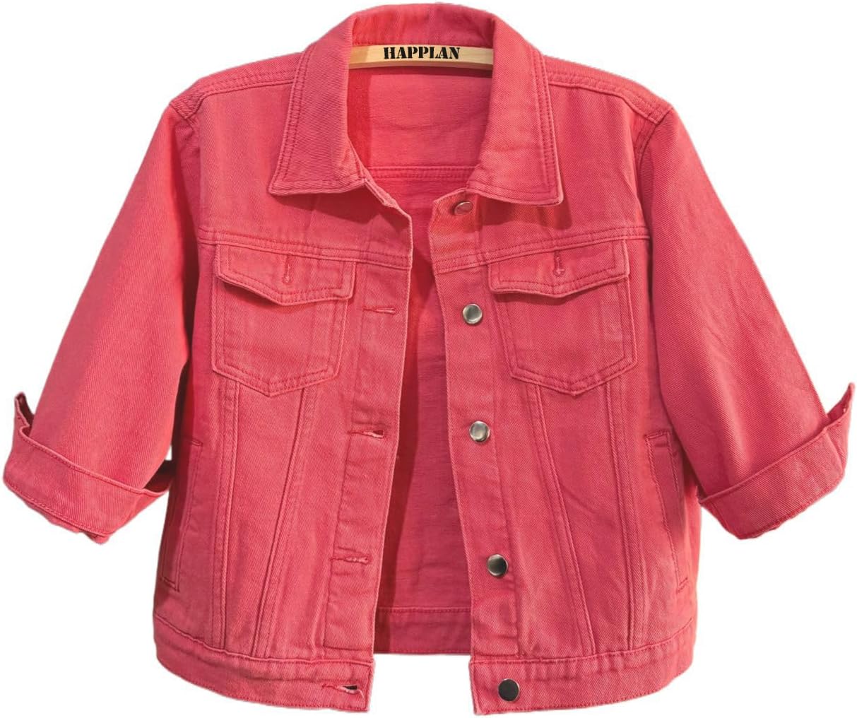 happlan Women's 3\/4 Sleeve Short Denim Jacket Lapel Button Down Cropped Trucker Jean Jackets Coats - Image 13
