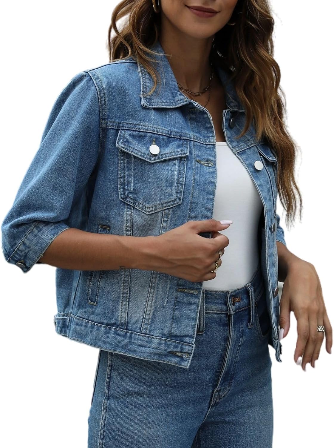 happlan Women's 3\/4 Sleeve Short Denim Jacket Lapel Button Down Cropped Trucker Jean Jackets Coats