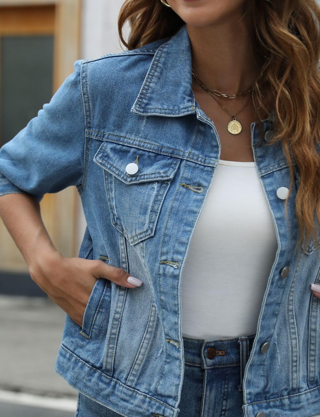 happlan Women's 3\/4 Sleeve Short Denim Jacket Lapel Button Down Cropped Trucker Jean Jackets Coats - Image 4