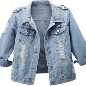 Hixiaohe Women Autumn 3\/4 Sleeve Retro Short Denim Jackets Light Blue Jean Coats