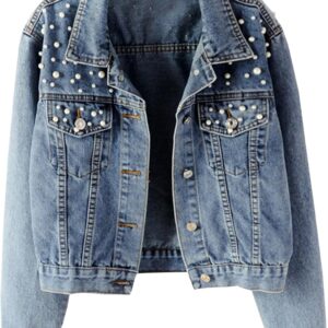 Hixiaohe Women Loose Embroidered Pearls Beading Cropped Denim Jacket Jean Coat