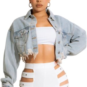 HTD Women's Cropped Jean Jacket Button Up Long Sleeve Ripped Distressed Denim Jacket Frayed Hem