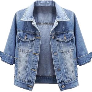 Huang's Women's Classical 3\/4 Short Sleeves All Season Denim Jacket for women Button Front Light Wash Cotton Denim Jacket